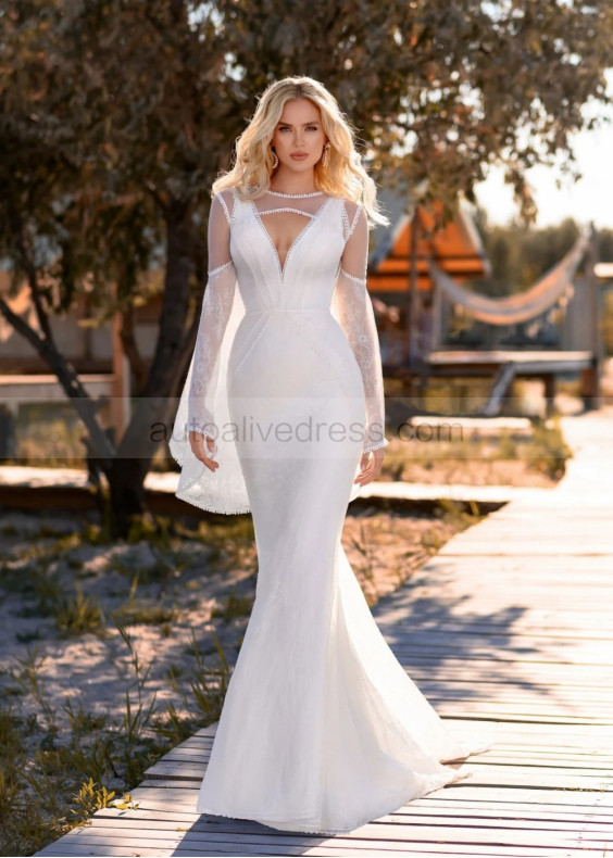 Deep V Neck Ivory Lace Tulle Stunning Wedding Dress With Detachable Sleeves